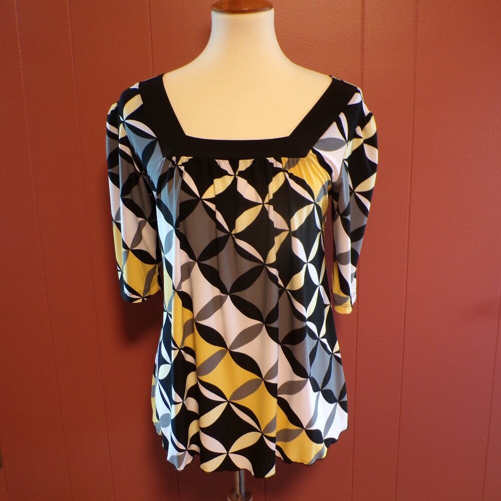 SUSAN LAWRENCE Women's Abstract Geometric Stretch Shirt Blouse Elbow Sleeve - S